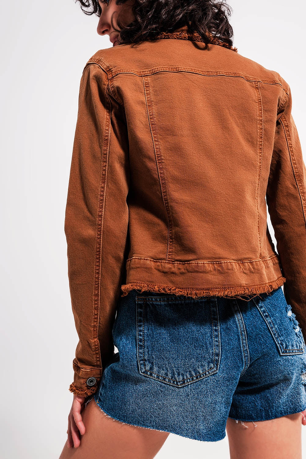 Raw edge denim jacket in brown Szua Store