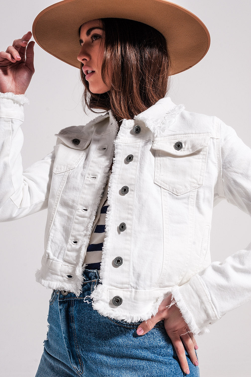 Raw edge denim jacket in white Szua Store