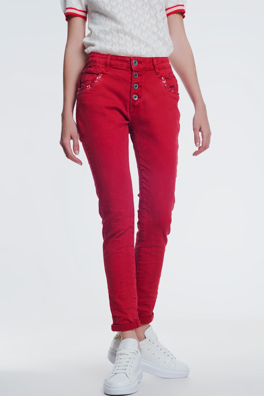 red boyfriend jeans with button closure Szua Store