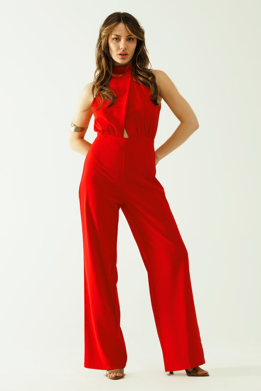 Q2 Red jumpuits with top crossed and high collar
