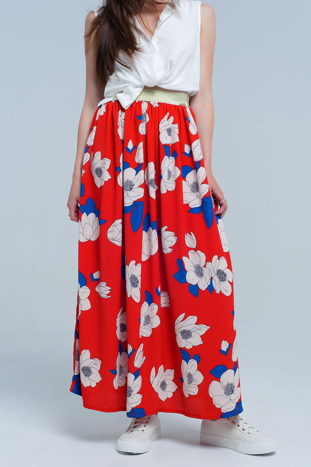 Q2 Red long skirt with printed flowers