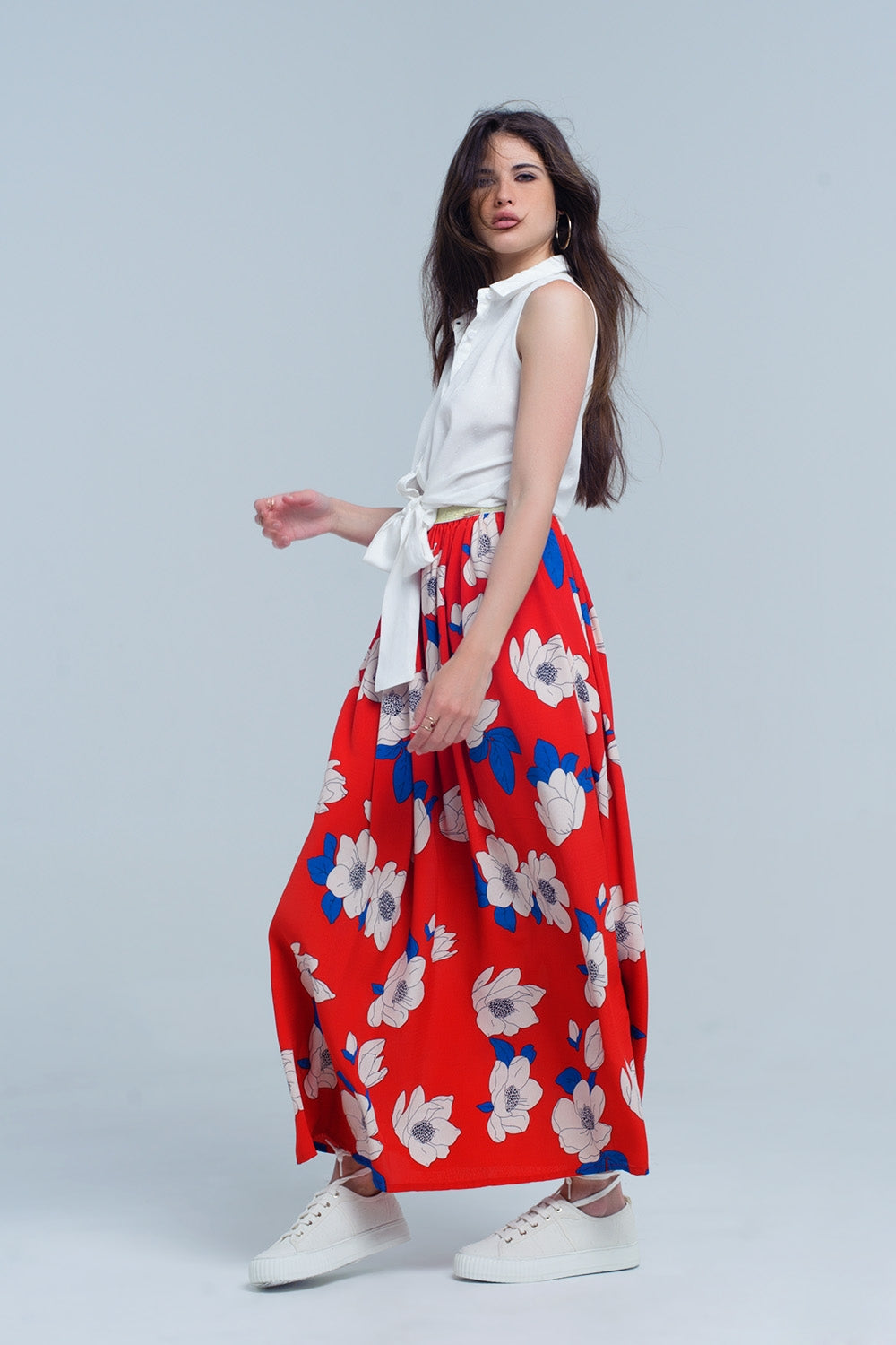 Red long skirt with printed flowers - Szua Store