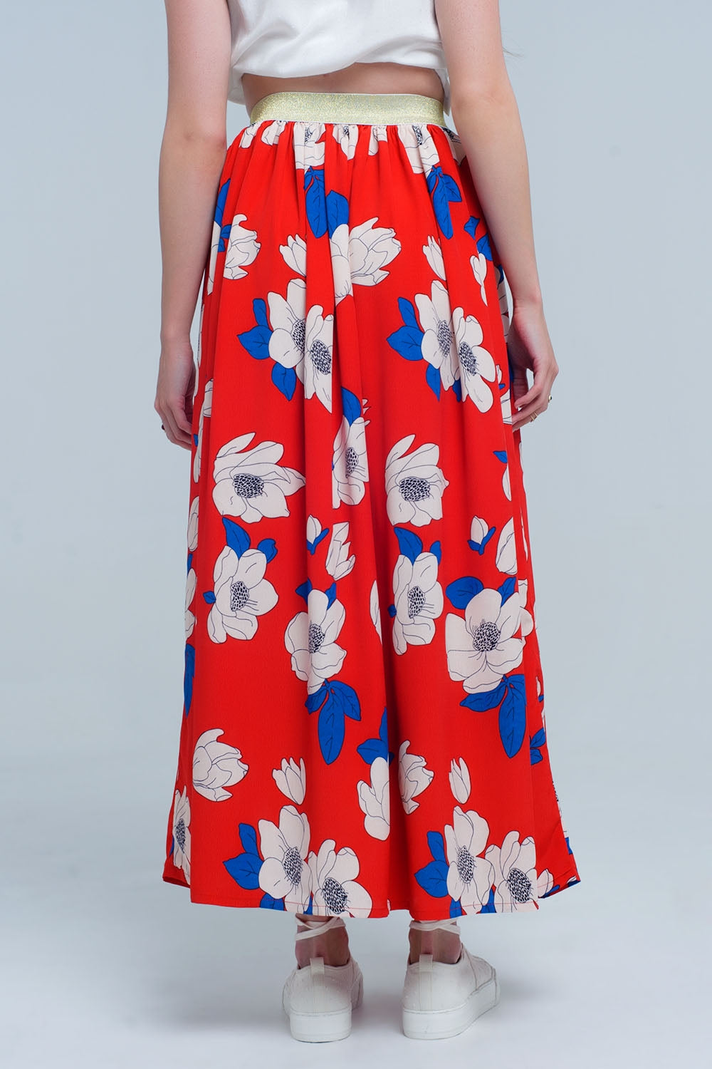 Red long skirt with printed flowers - Szua Store