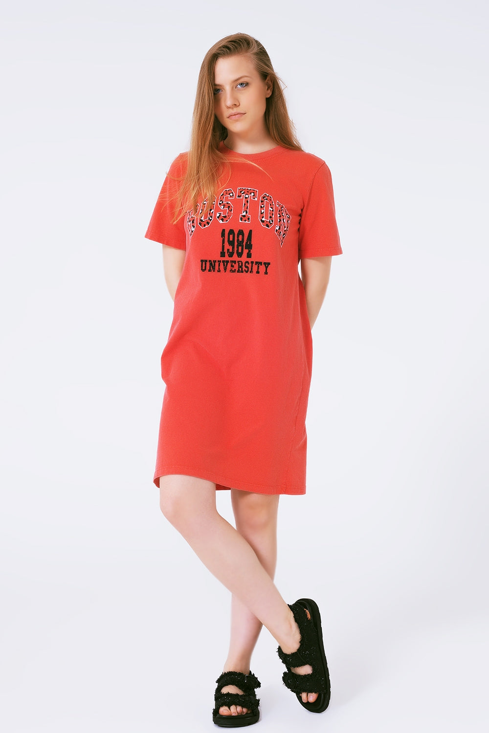 Q2 Red Midi T-Shirt Dress Boston 1984 University