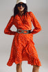 Q2 red wrap dress with polka dot print