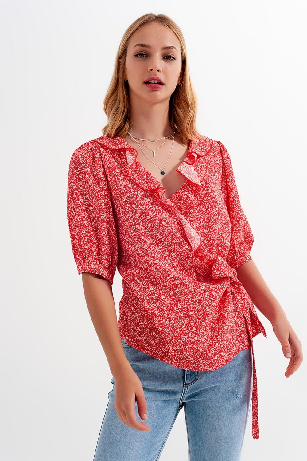 Red wrap top in clustered flower print Szua Store