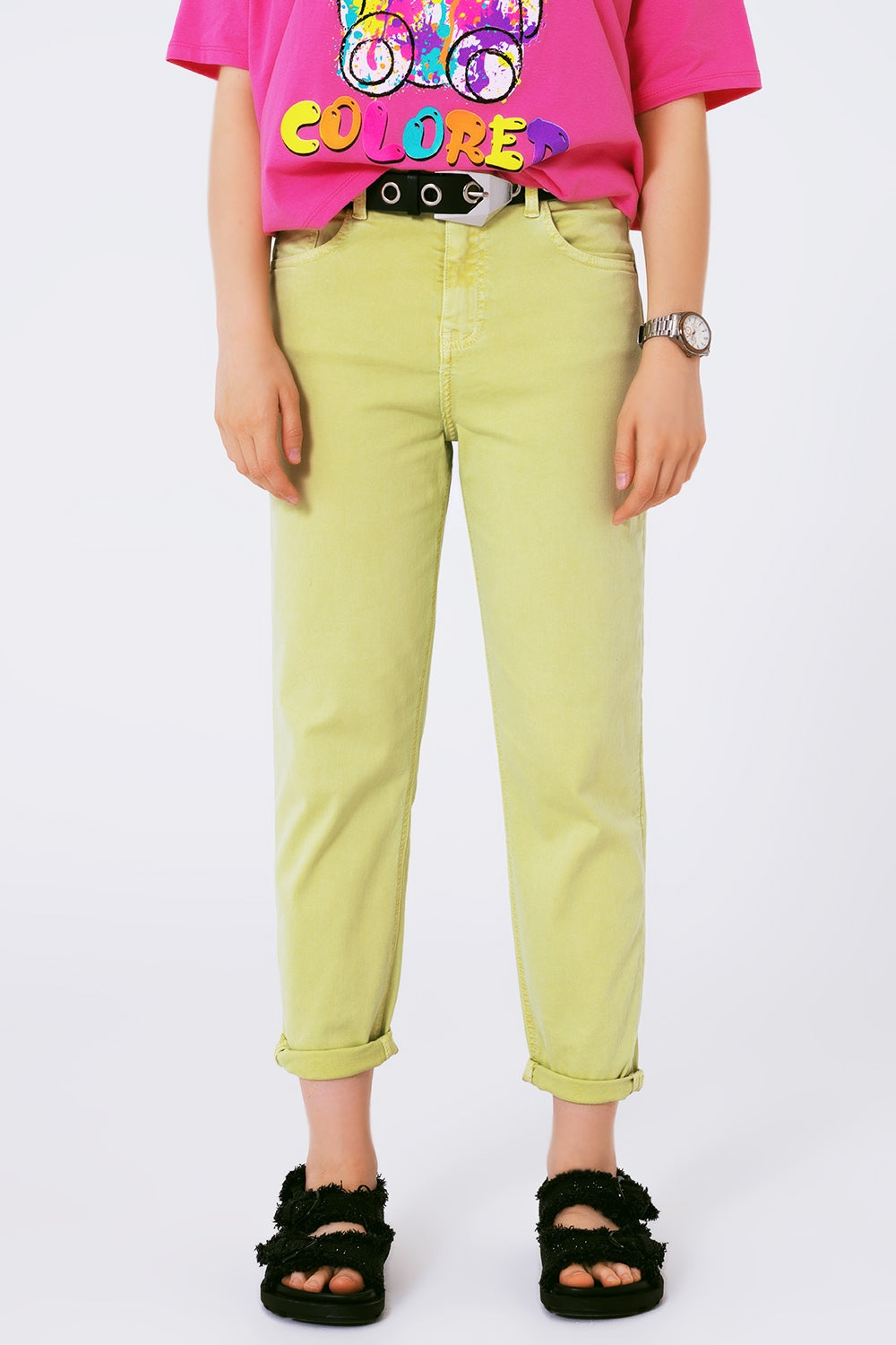 Q2 Relaxed Basic Jeans in Lime Green