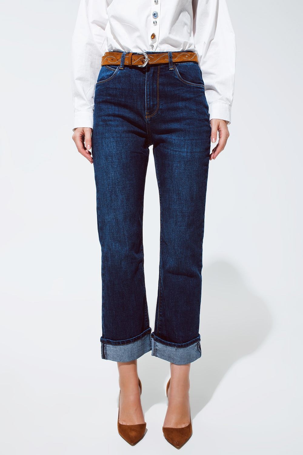 Q2 relaxed fit blue jeans with cuffed hem detail