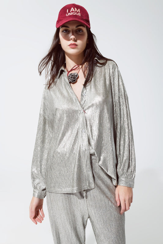 Q2 Relaxed Fit Button Down Shirt With Balloon Sleeves in Silver
