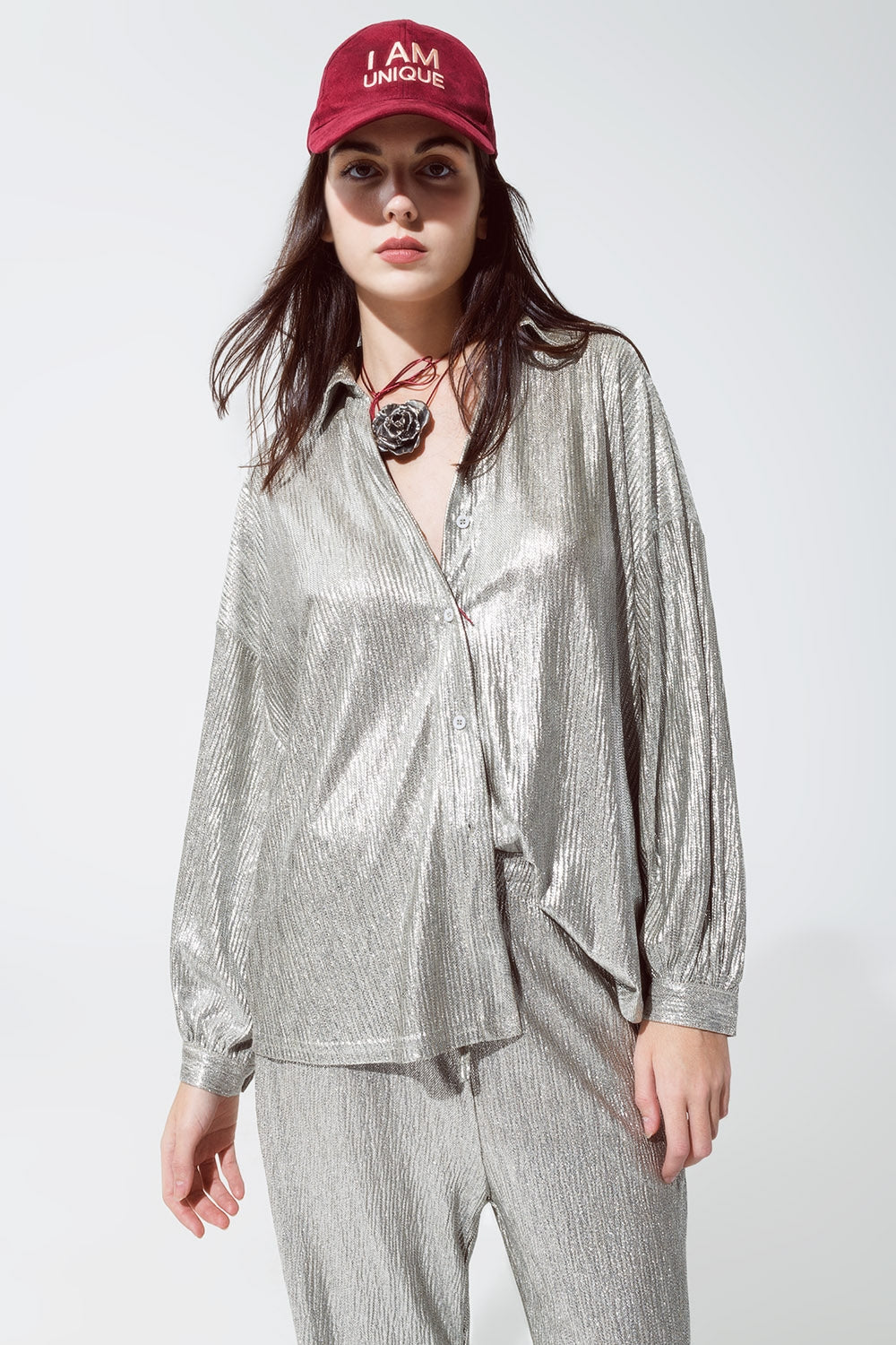 Q2 Relaxed Fit Button Down Shirt With Balloon Sleeves in Silver