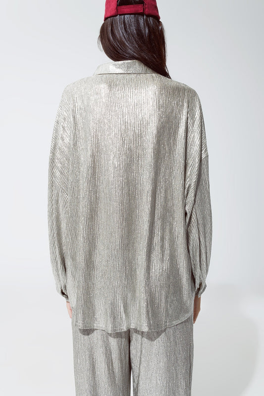 Relaxed Fit Button Down Shirt With Balloon Sleeves in Silver