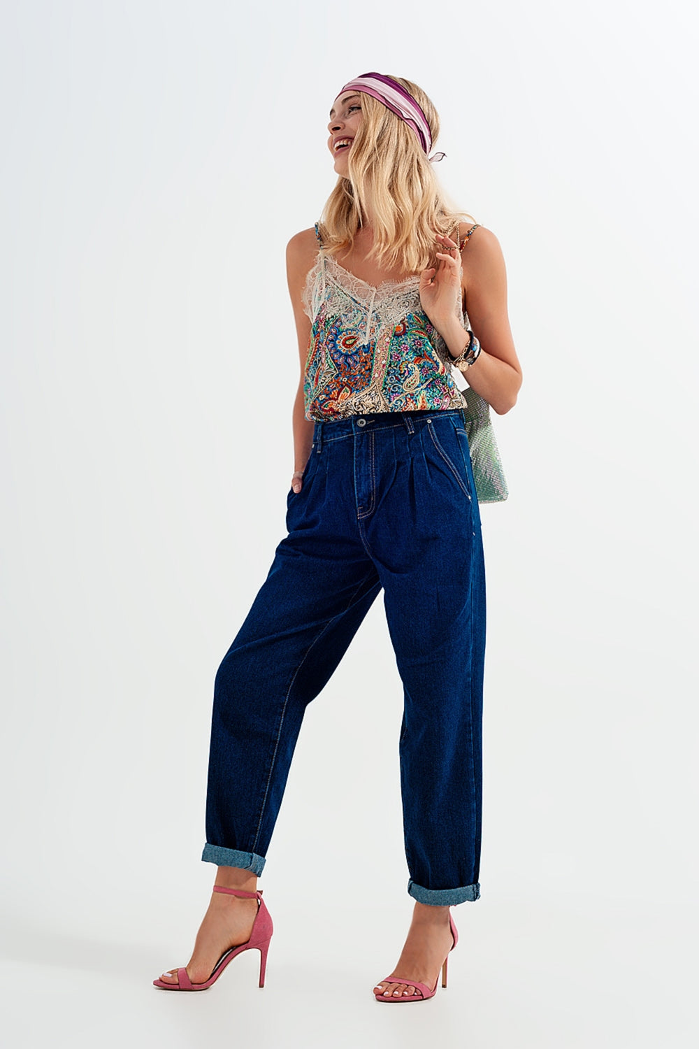 Relaxed fit pleat front jeans in dark blue Szua Store