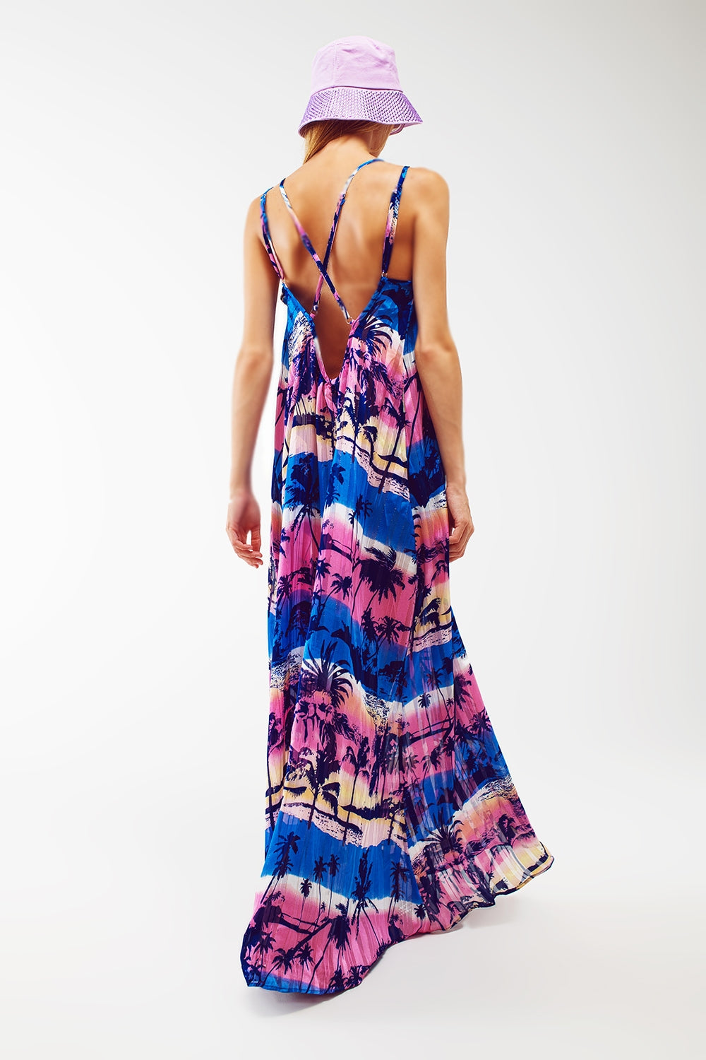 Relaxed Open Back Maxi Dress In Tropical Blue Print - Szua Store