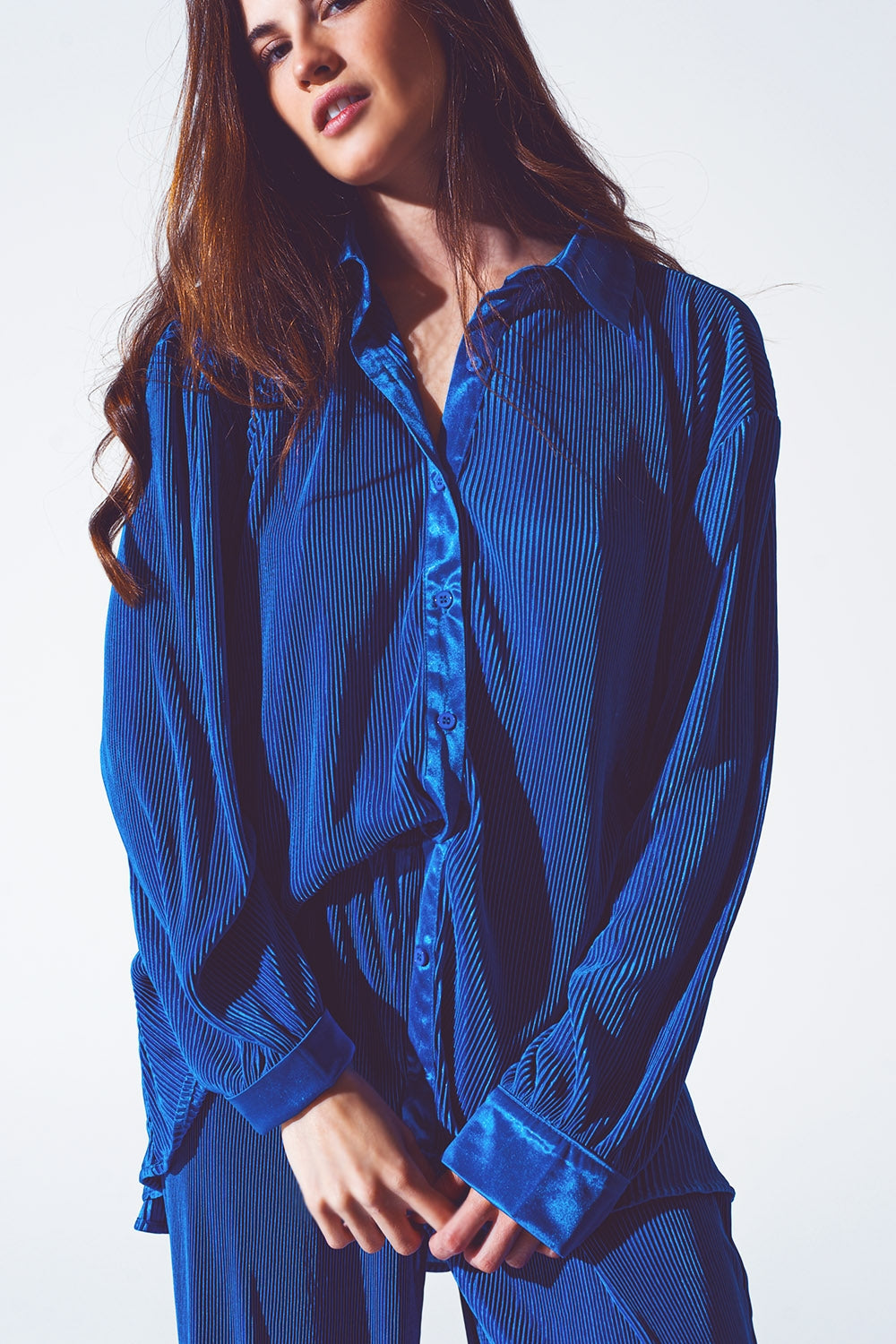 Relaxed Pleated Satin Shirt in Blue - Szua Store