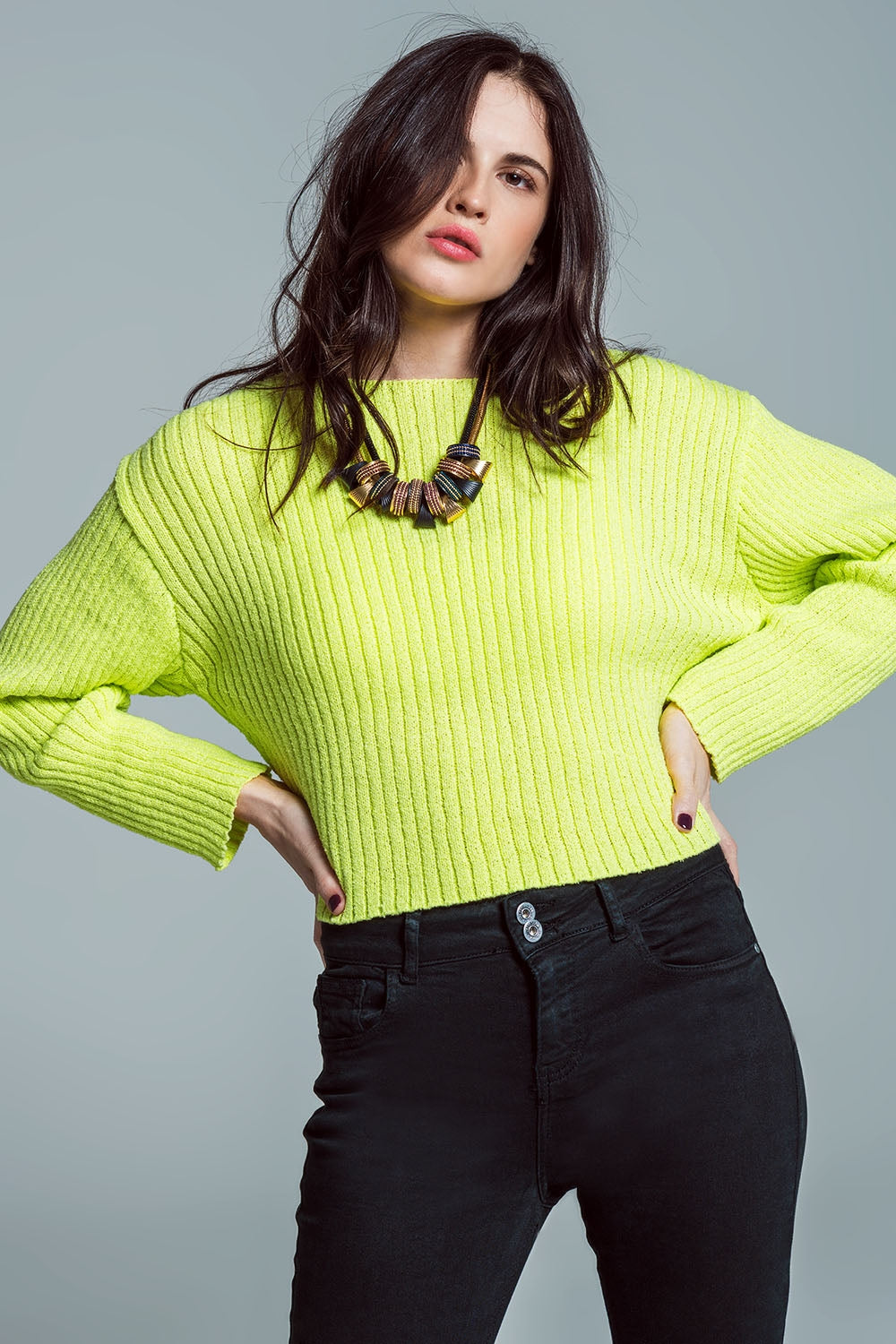 Q2 Relaxed Ribbed Boat Neck Sweater in Lime Green
