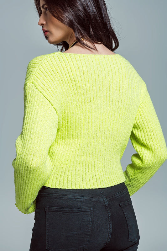 Relaxed Ribbed Boat Neck Sweater in Lime Green