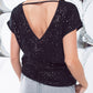 Relaxed Sequin Dress With Short Sleeves and Open Back in Black