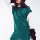 Q2 Relaxed Sequin Dress With Short Sleeves and Open Back in Green