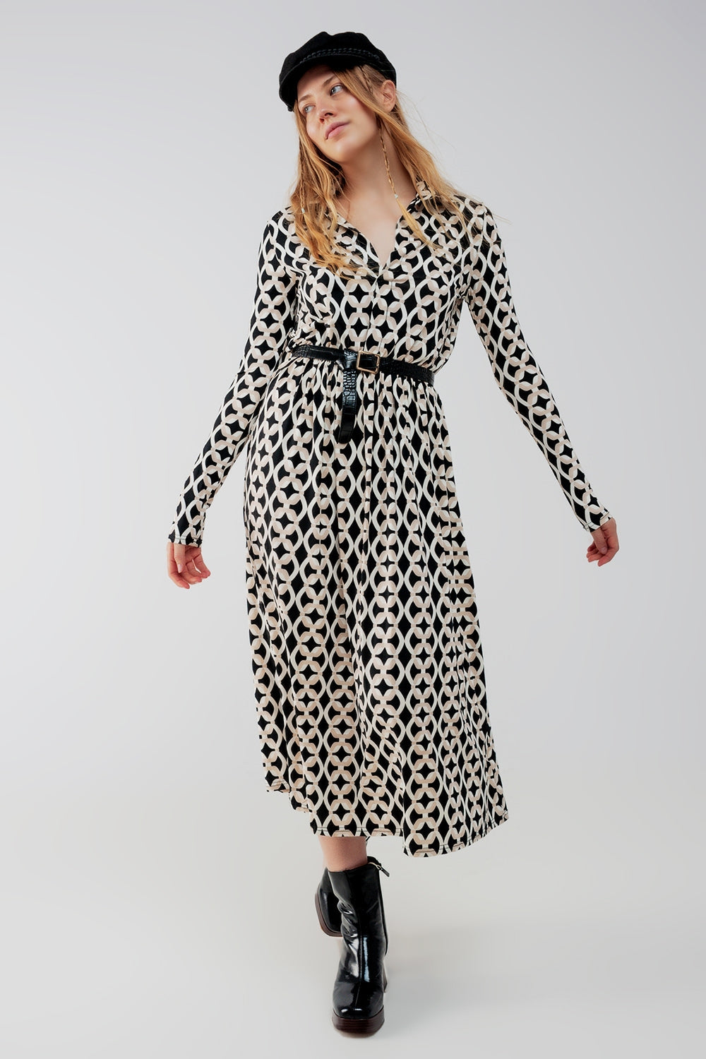 Relaxed shirt dress in black geo print - Szua Store