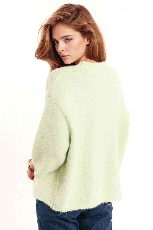 Relaxed Sweater With 3/4 Sleeve and Crew Neck in Green
