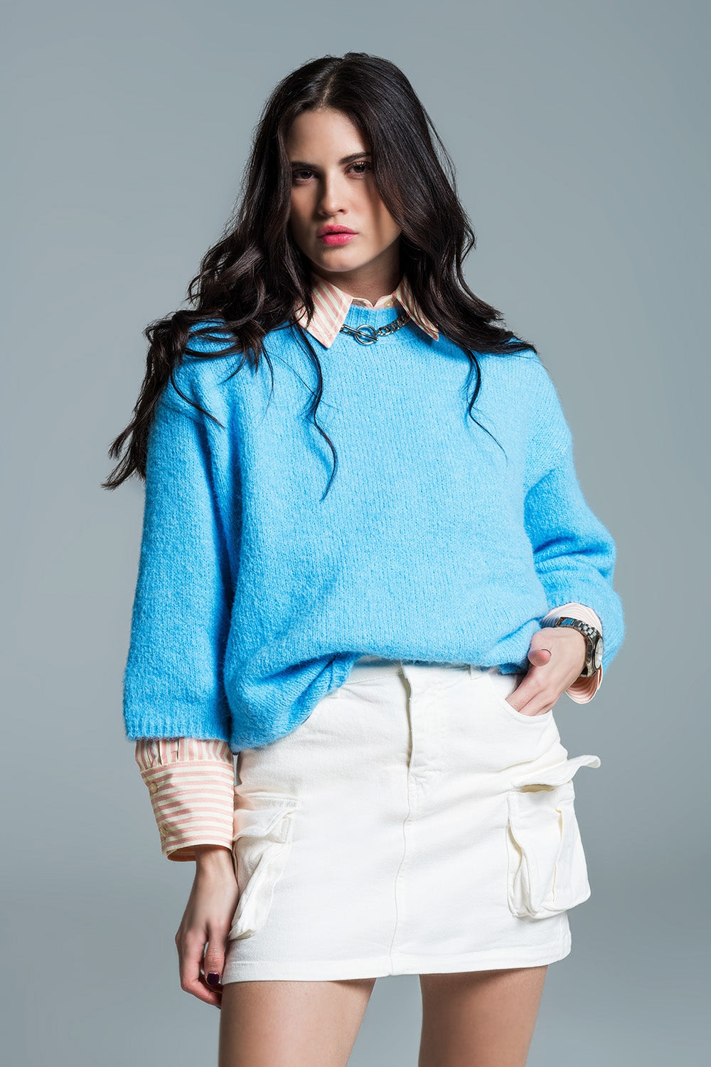 Q2 Relaxed sweater with french sleeve and crewneck in blue