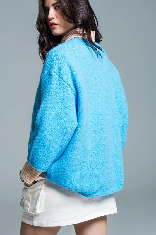 Relaxed sweater with french sleeve and crewneck in blue