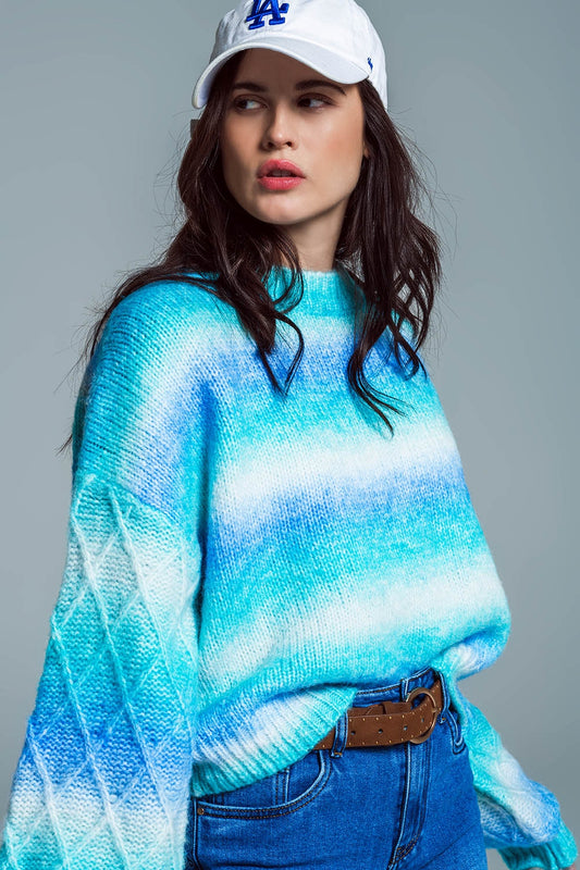 Q2 Relaxed Sweater With Ombre Print in Shades Of Blue And Argyle Print At The Sleeves