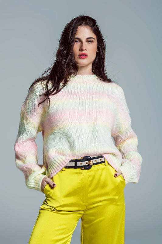 Q2 Relaxed Sweater With Ombre Print in Shades Of Pastel And Argyle Print At The Sleeves
