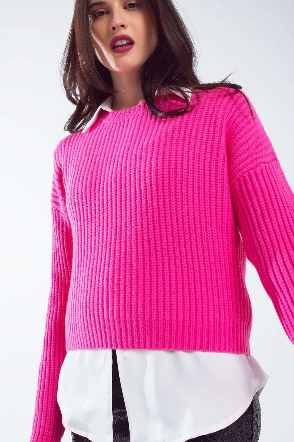 Q2 Relaxed waffle knit jumper in bright fuchsia