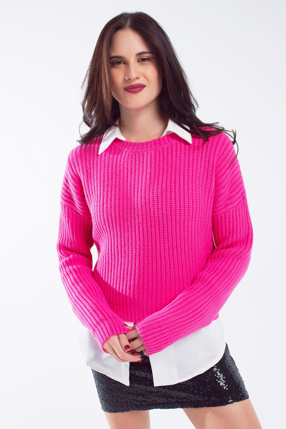 Jersey relajado de punto gofre en fucsia brillante