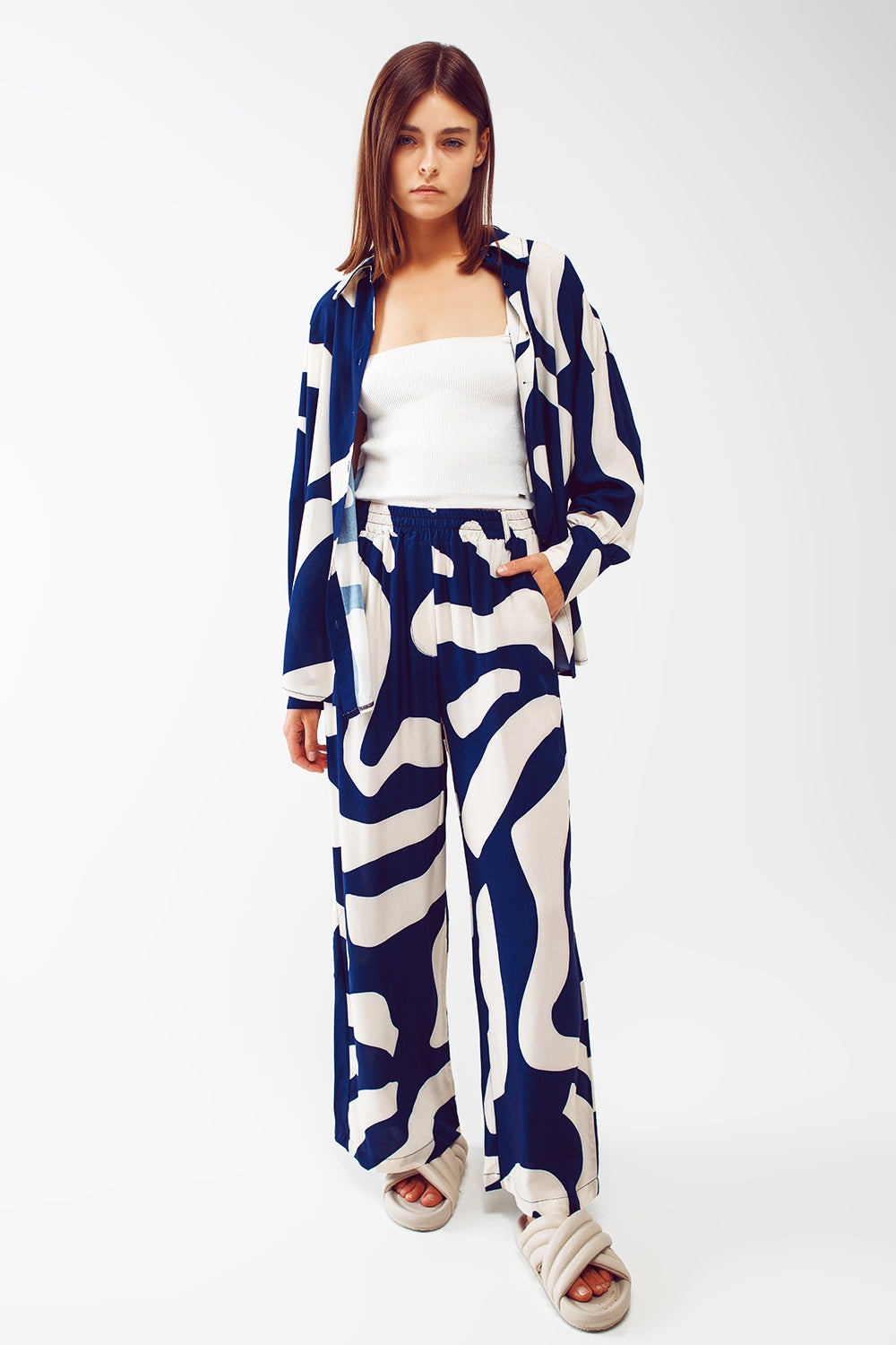 Relaxed Wide Leg Pants in blue Abstract Print - Szua Store