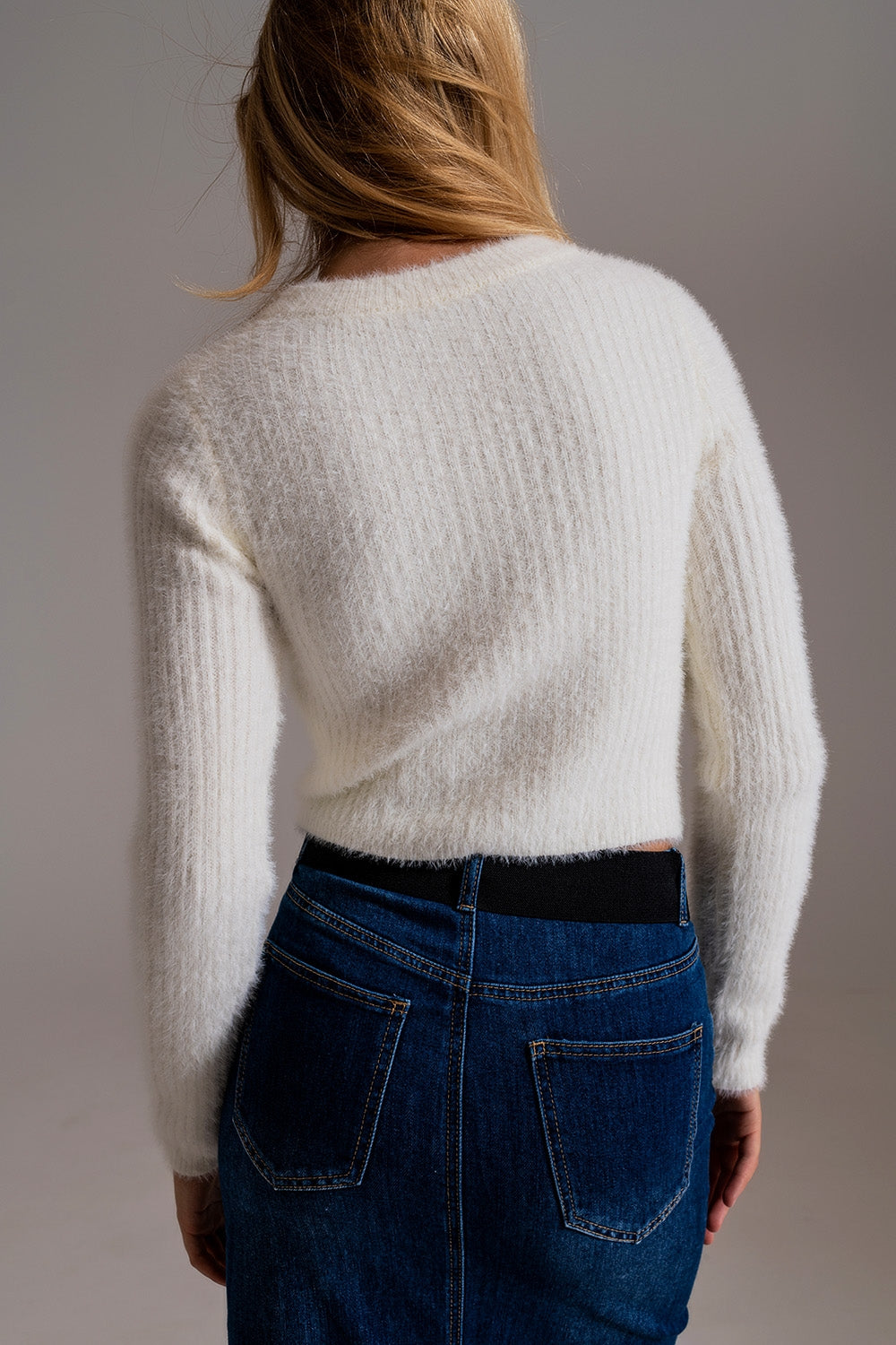 RIbbed Cropped Sweater With Stitching Detail in Ecru - Szua Store