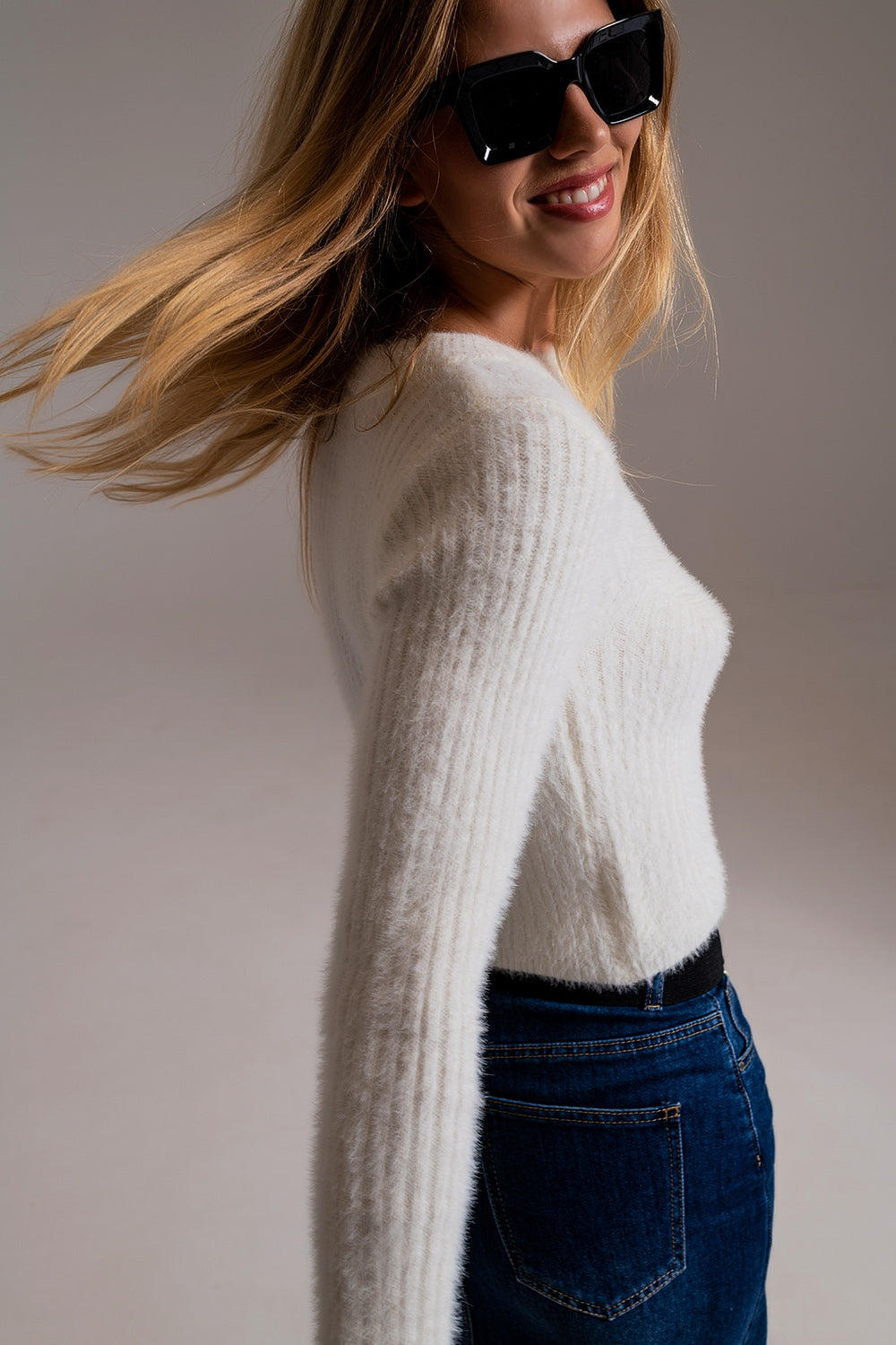 RIbbed Cropped Sweater With Stitching Detail in Ecru - Szua Store