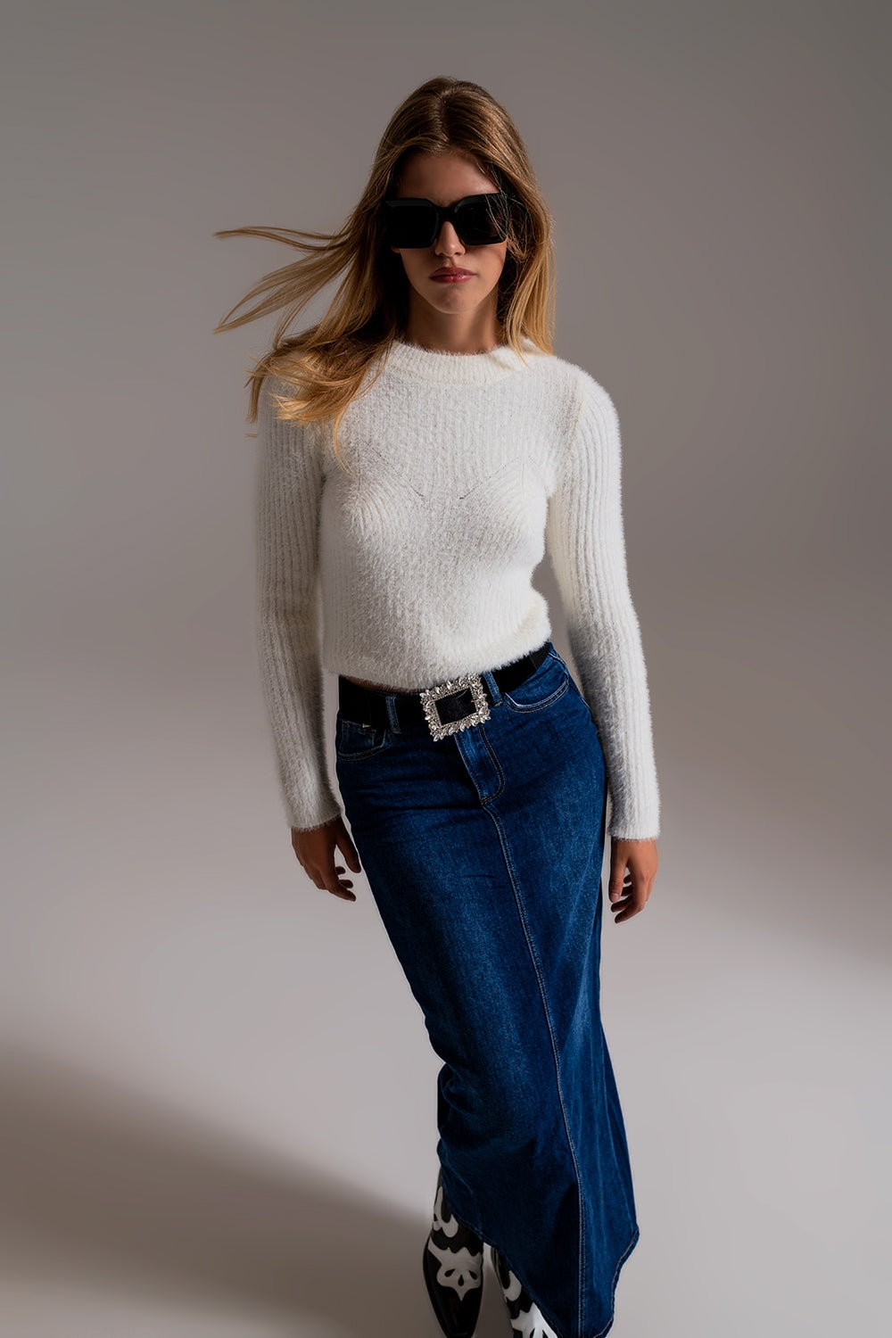 RIbbed Cropped Sweater With Stitching Detail in Ecru - Szua Store