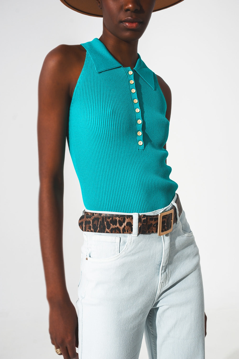 Q2 Ribbed knitted top with polo neck in turquoise