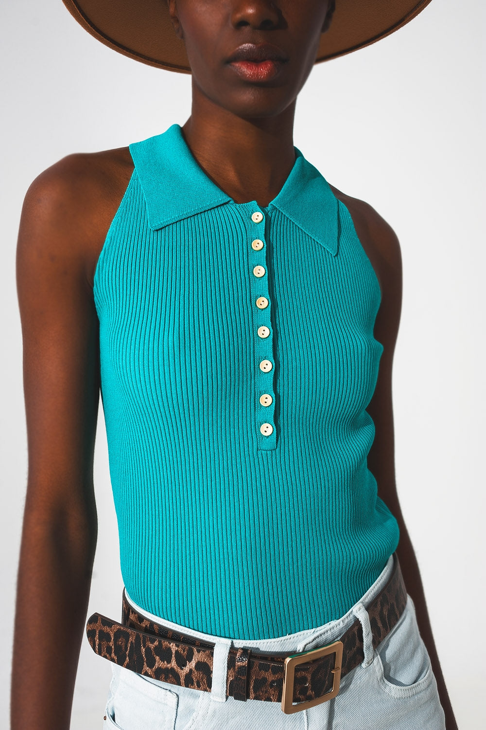 Ribbed knitted top with polo neck in turquoise - Szua Store