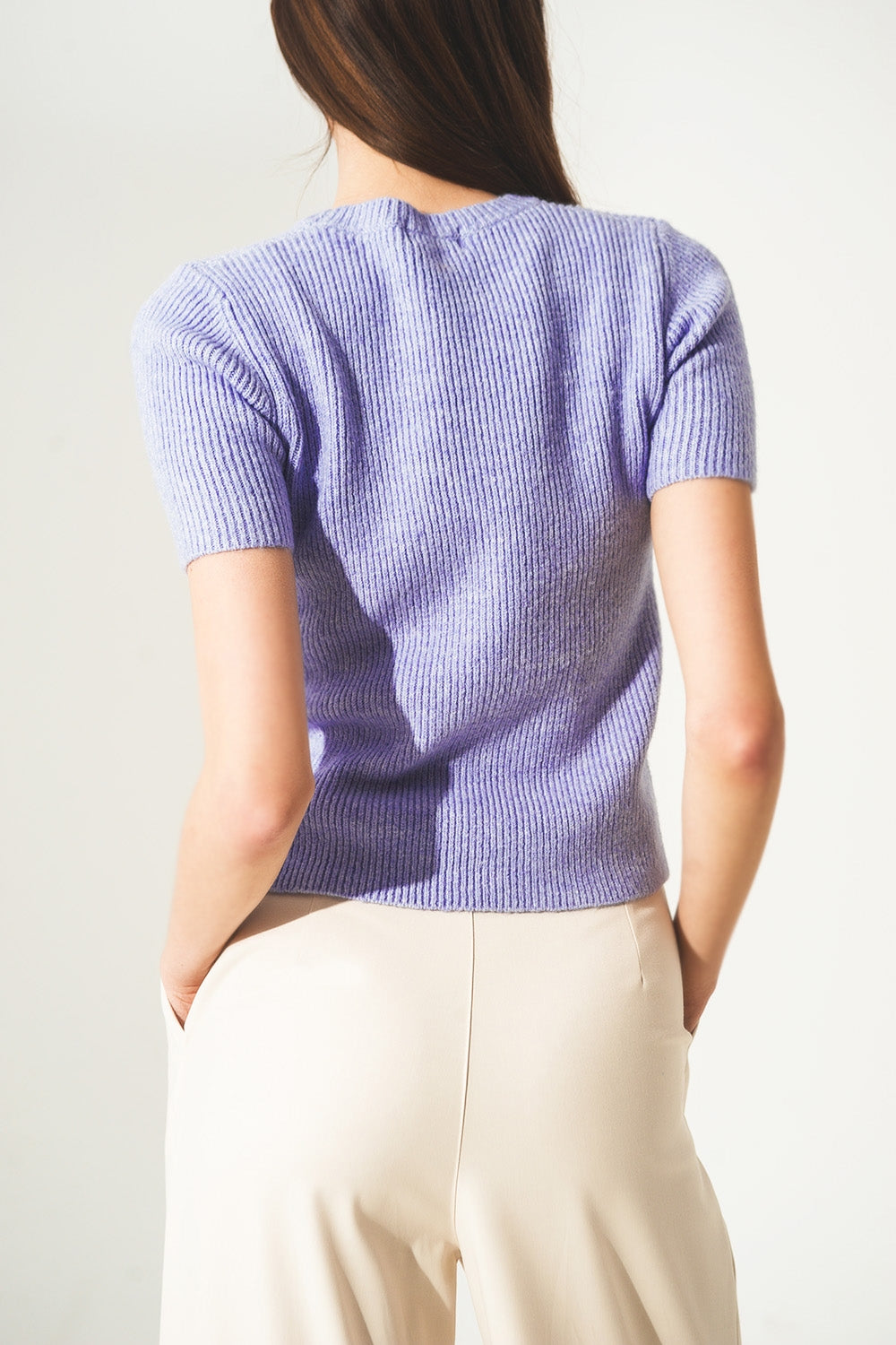 Ribbed short sleeve crop knitted top in lilac - Szua Store