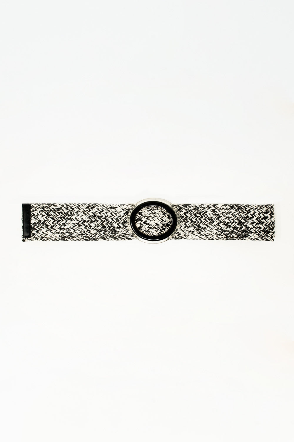 Cinturón trenzado con hebilla redonda en blanco y negro