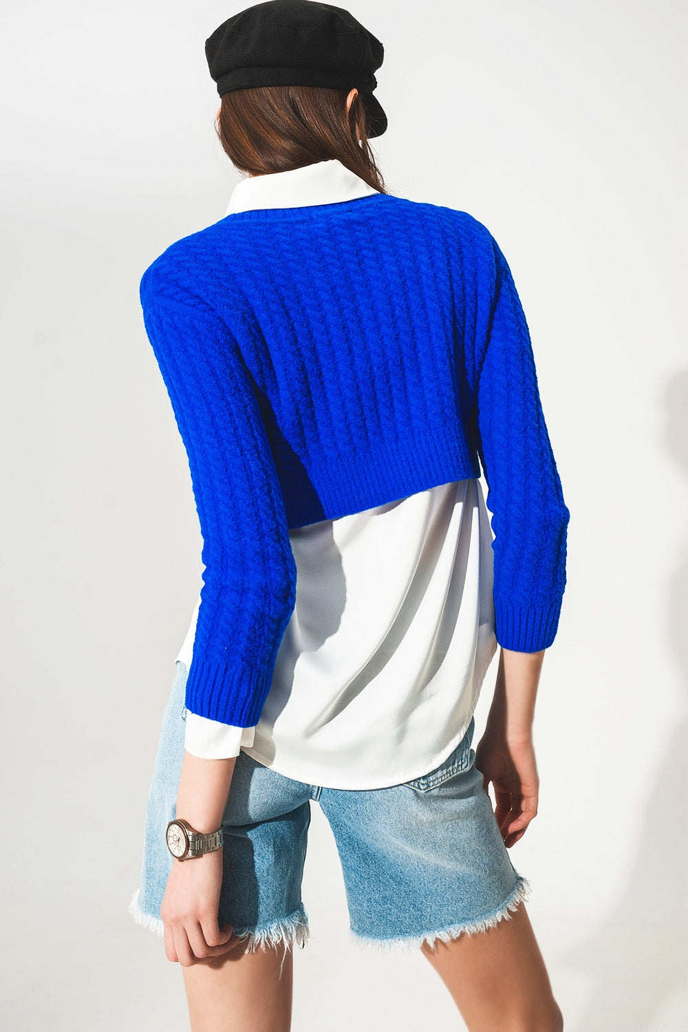 Round neck cable knit crop jumper in blue - Szua Store