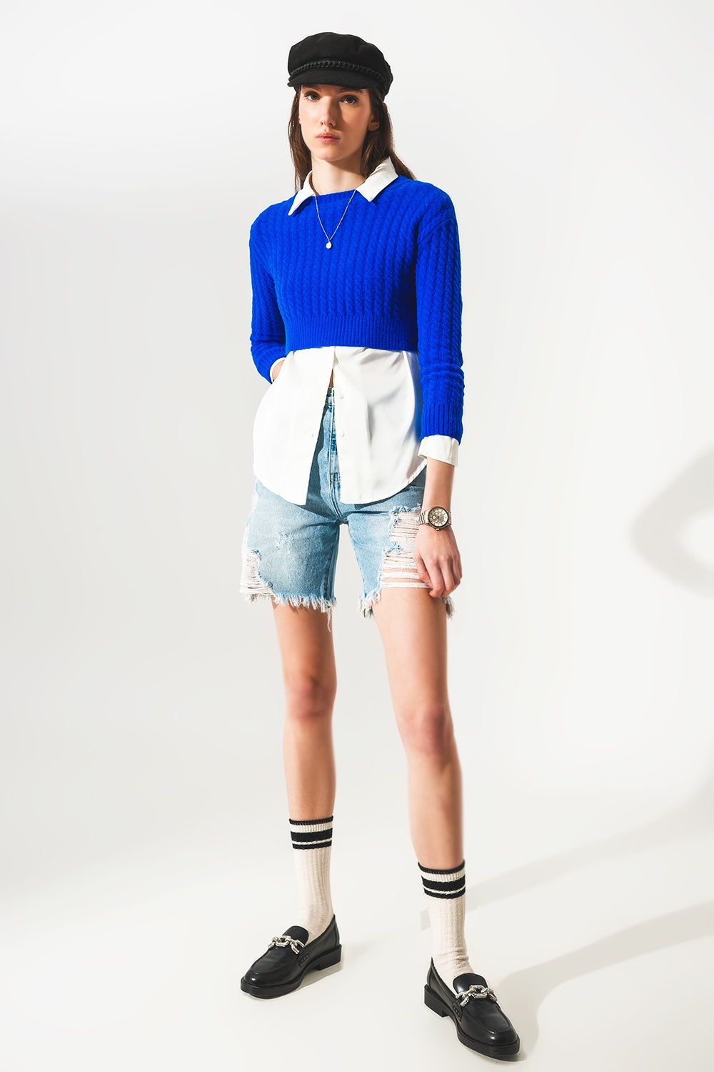 Round neck cable knit crop jumper in blue - Szua Store