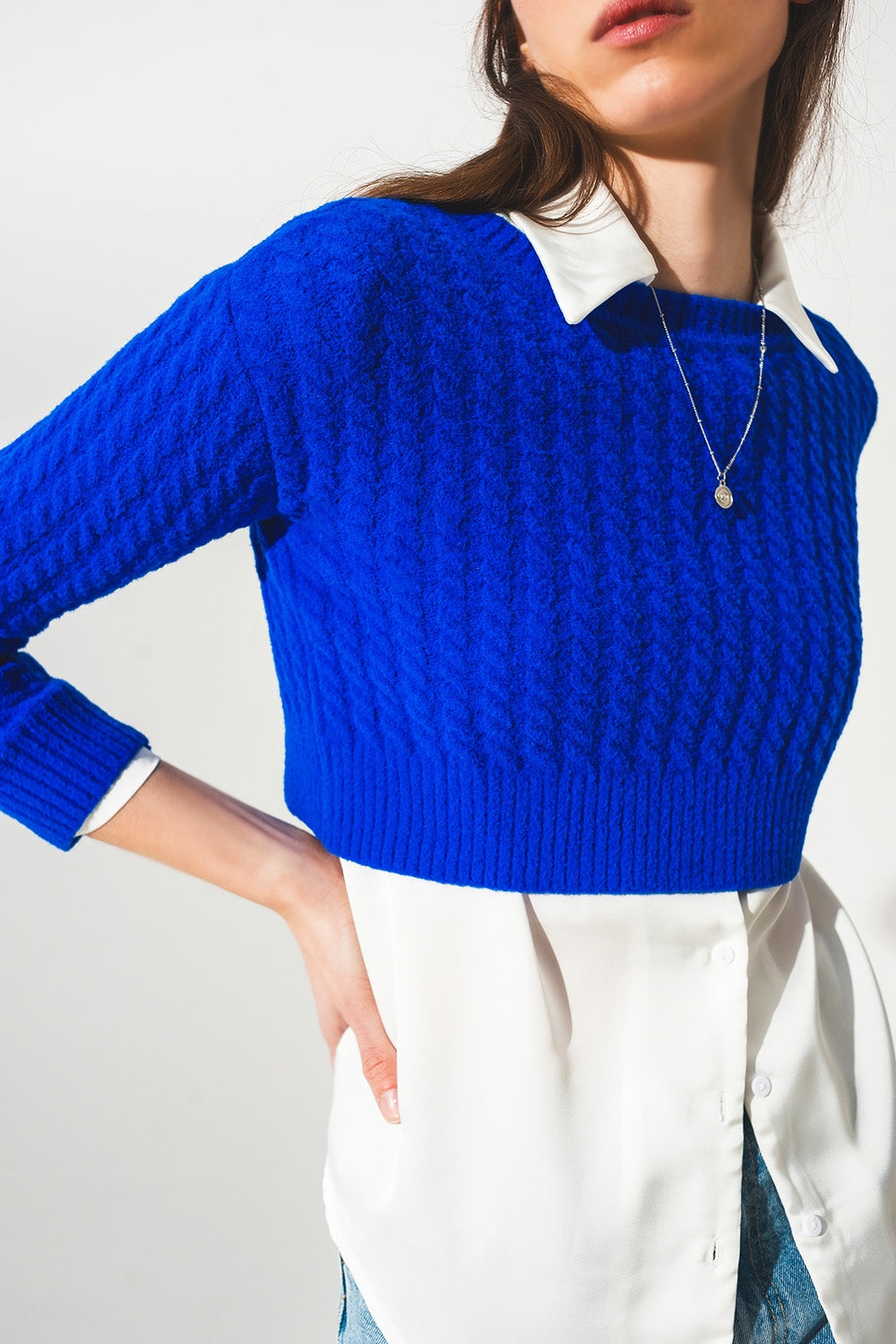 Round neck cable knit crop jumper in blue - Szua Store