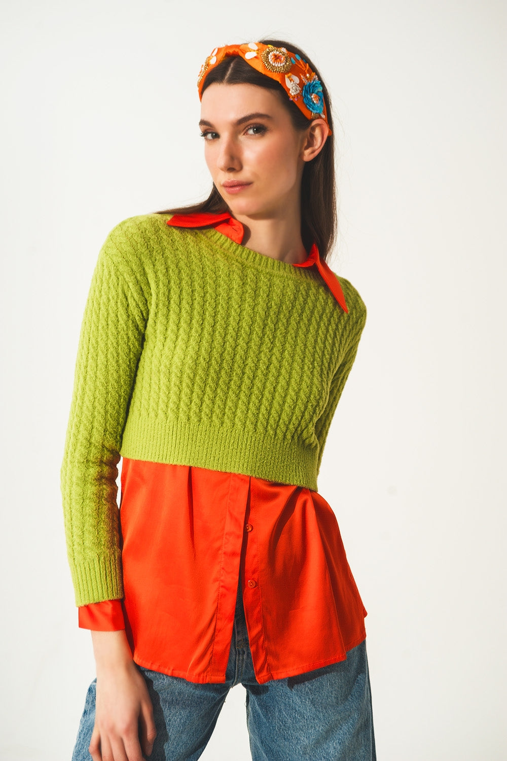 Q2 Round neck cable knit crop jumper in lime green