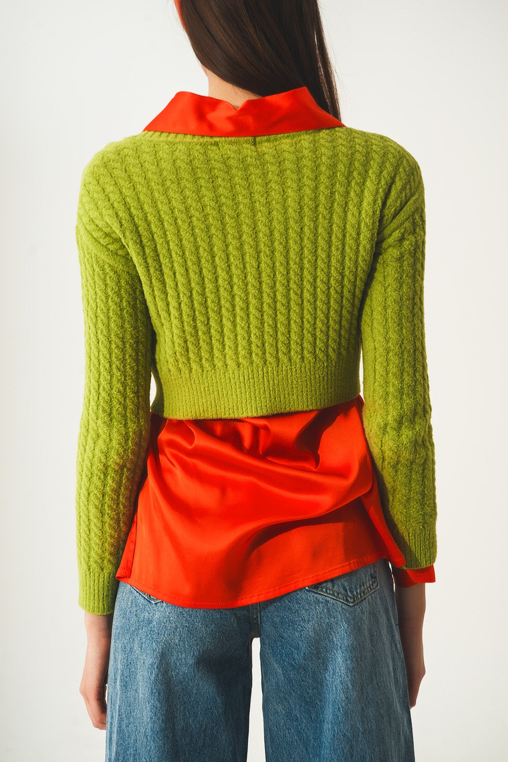 Round neck cable knit crop jumper in lime green - Szua Store