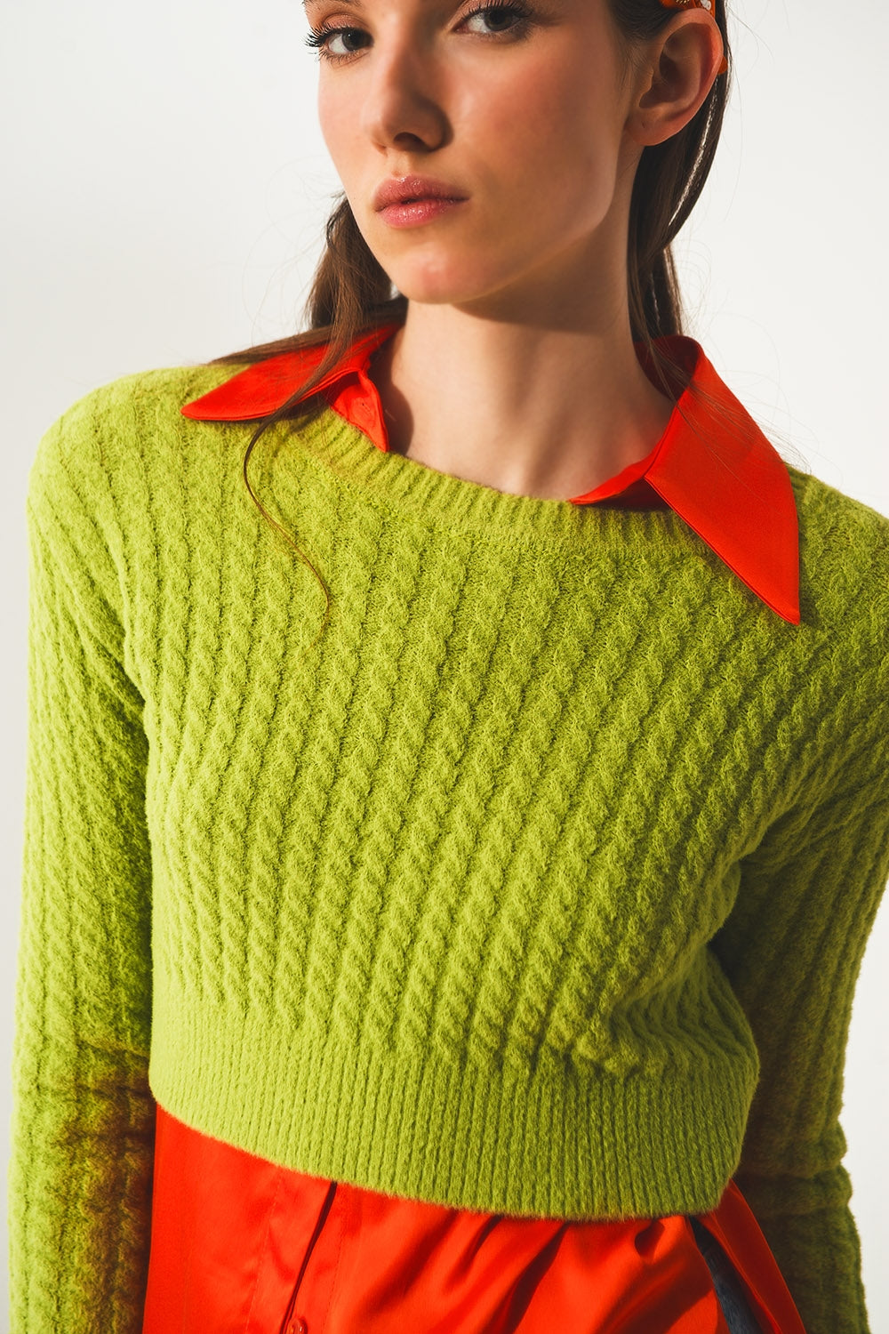 Round neck cable knit crop jumper in lime green - Szua Store