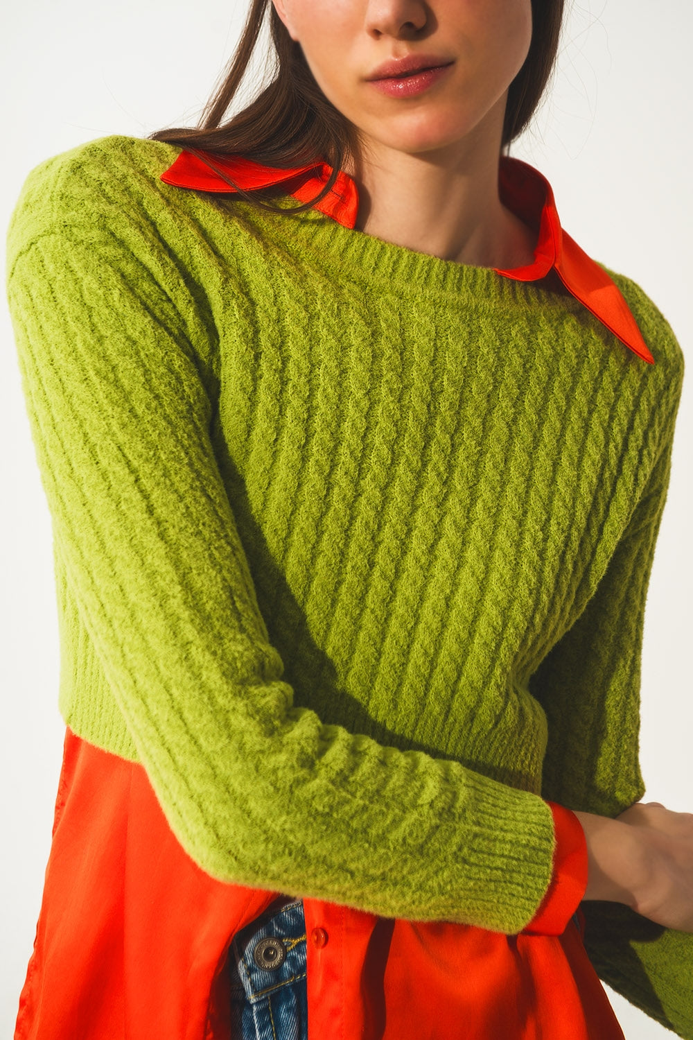 Round neck cable knit crop jumper in lime green - Szua Store