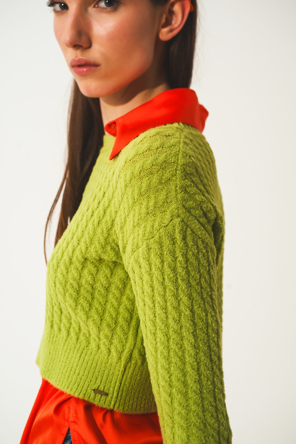Round neck cable knit crop jumper in lime green - Szua Store