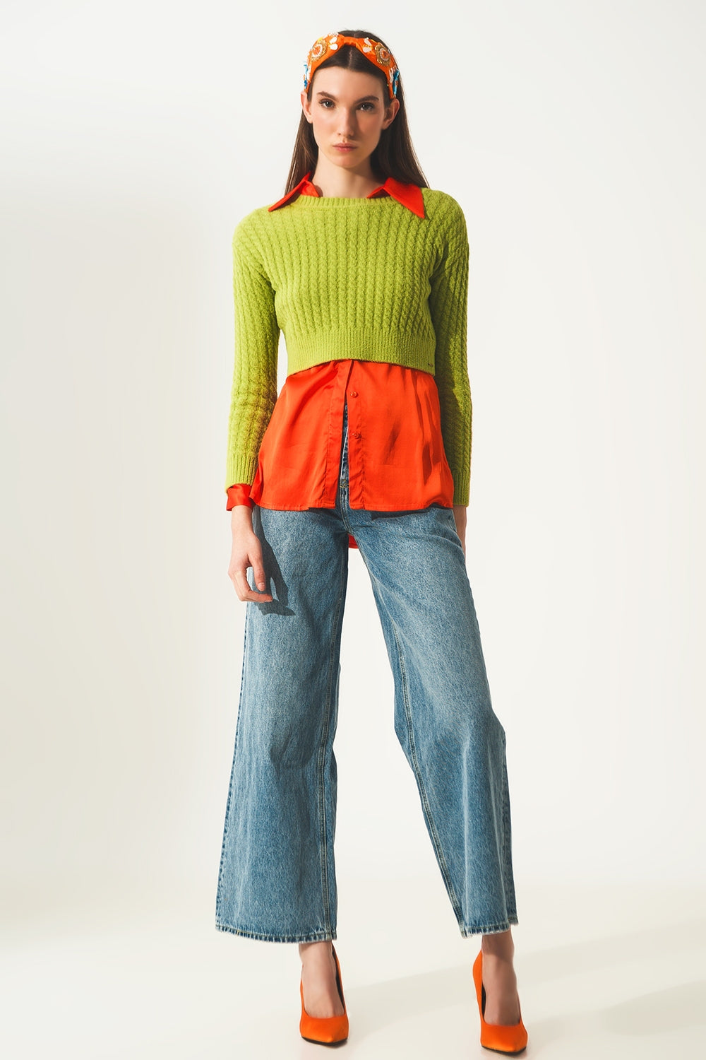 Round neck cable knit crop jumper in lime green - Szua Store