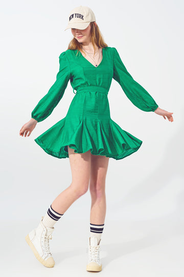 Q2 Ruffle V Neck Dress in Green