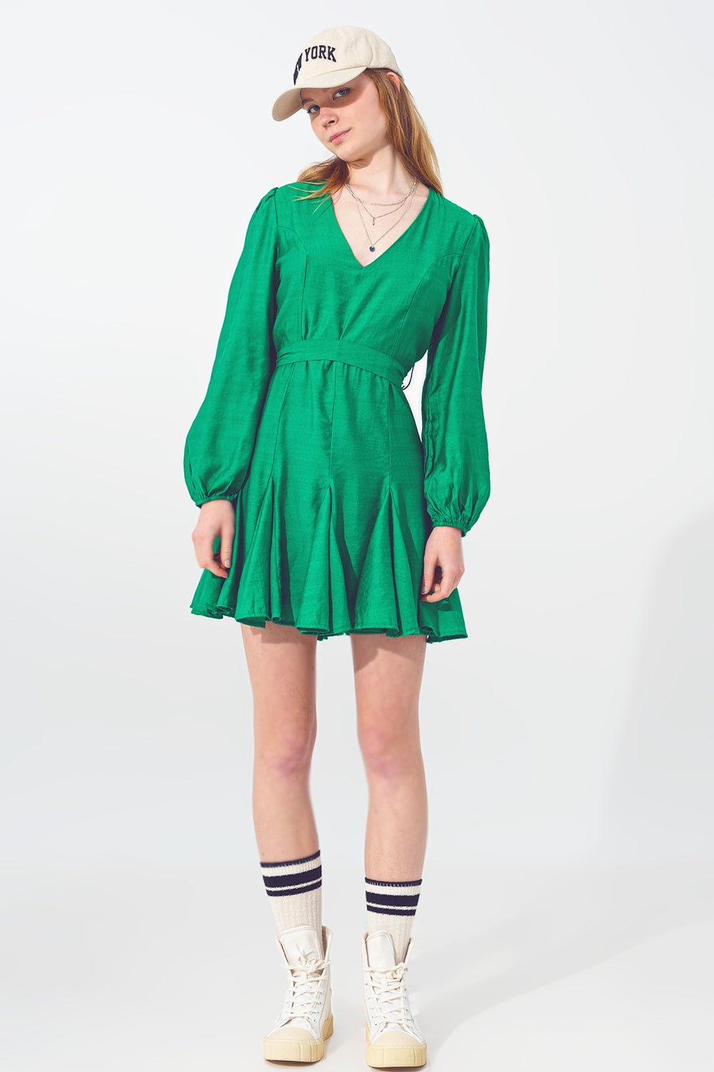 Ruffle V Neck Dress in Green - Szua Store