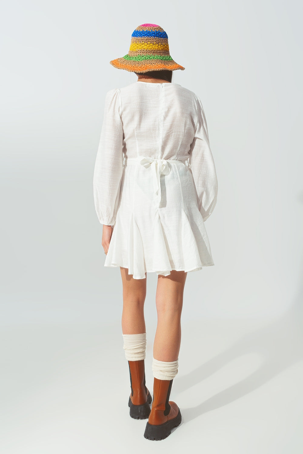Ruffle V Neck Dress in White - Szua Store